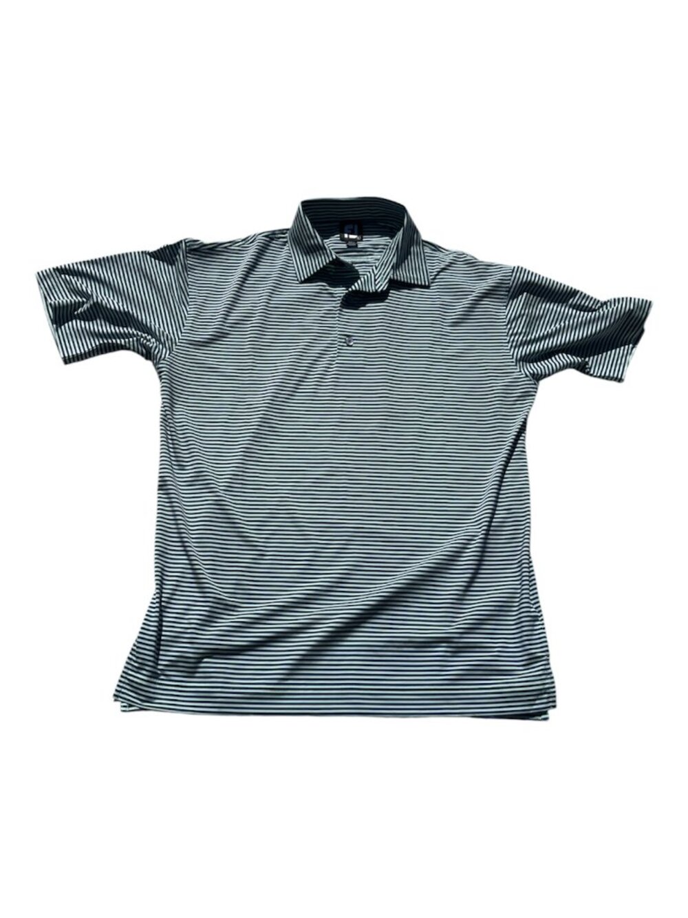 FJ FOOTJOY Men's Golf Shirt Size Large Blue Stripes **Co Name on Sleeve